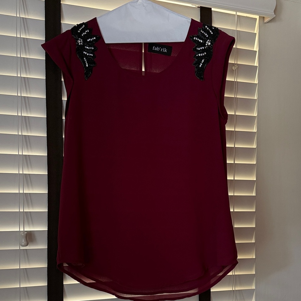 Fab'rik Burgundy Blouse with Black Beaded Accents, Size S